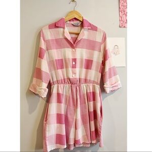 Vtg pink gingham blouse dress 3/4 sleeve S/M